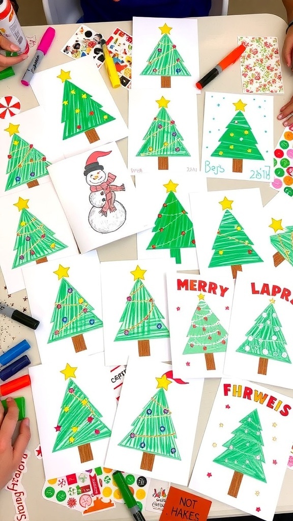 Handmade Christmas cards with festive drawings by children, displayed with crafting supplies.